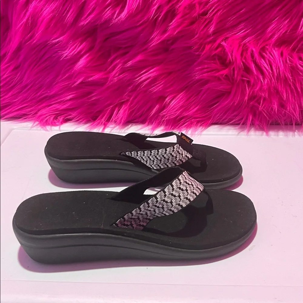 Teva Black Flip Flops with White Patterned Straps